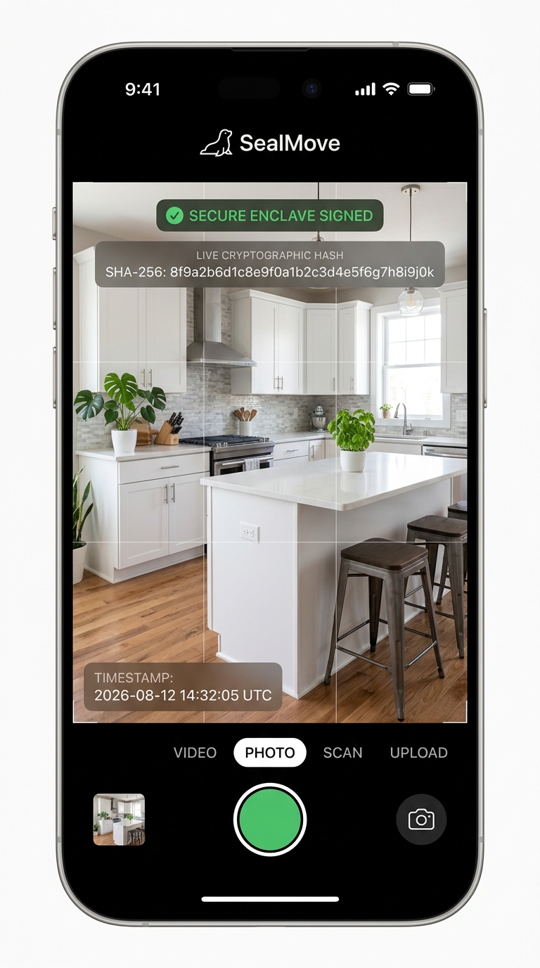 SealMove iOS Camera App Viewfinder with cryptographic Secure Enclave signature badge and live hash bar