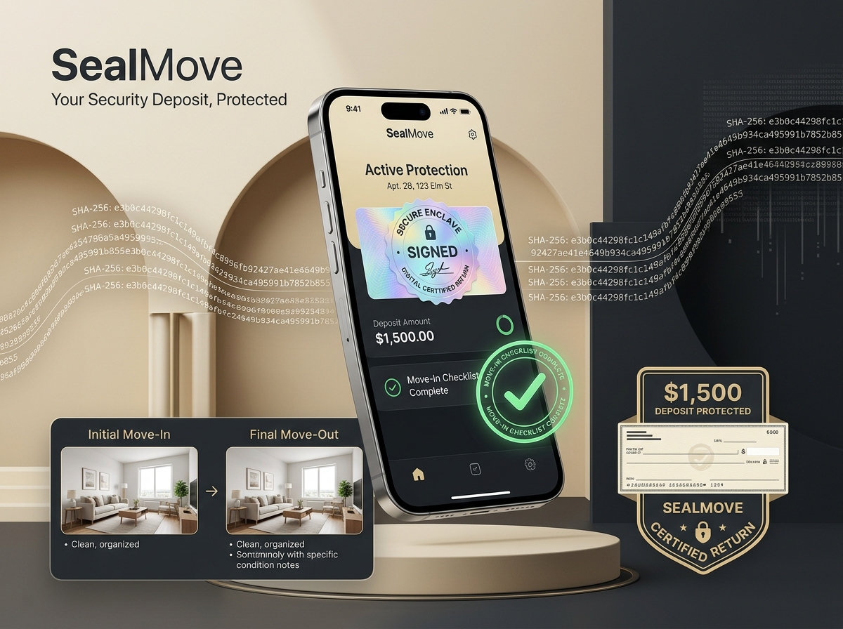 SealMove Product Showcase — Cryptographic Security Deposit Protection, Secure Enclave signatures, and room condition comparison