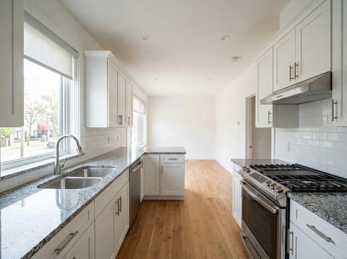 Kitchen countertops and appliances move-out comparison photo